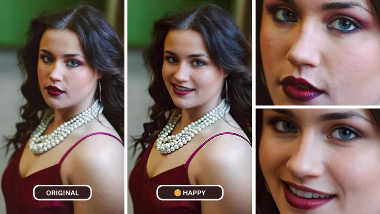 smiling face ai being used on EraseID on an image of girl in maroon dress and pearl necklace