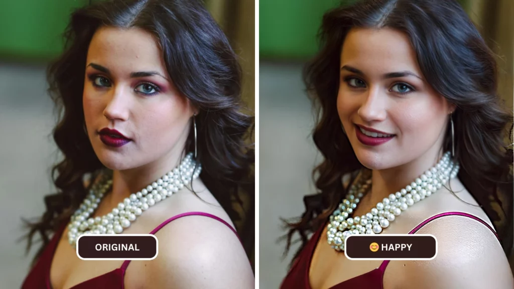 smiling face ai named EraseID being used on an image of woman with black hair and pearl necklace