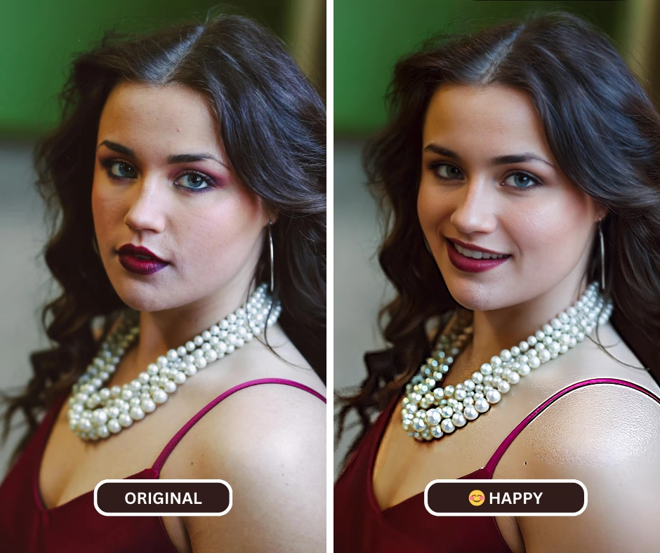 Using EraseID as an smiling face ai of a woman in maroon dress and white necklace