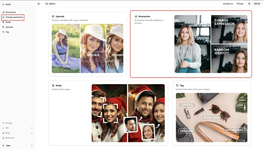 Captura de pantalla de la página de PiktID Studio donde la función Cambiar expresión está resaltada en un cuadro rojo y la función Anonimizar también está resaltada con otro cuadro rojo