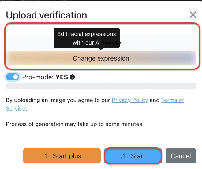 Selezione della funzione Cambia espressione di eraseid per modificare le espressioni facciali con la nostra IA