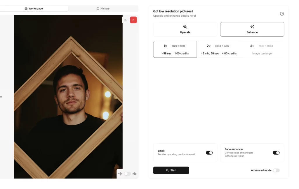 Image améliorée d'un homme tenant un cadre en bois téléchargée et améliorée à l'aide de la plate-forme SuperID, un upscaler de visage IA, maintenant prête à être téléchargée en haute définition