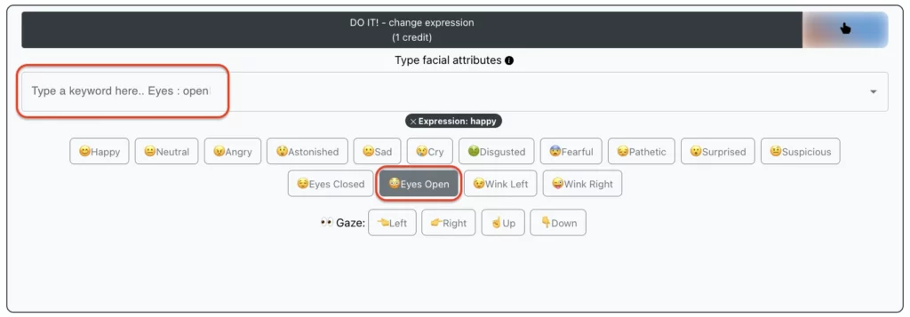 Selezionando il prompt evidenziato Occhi aperti per cambiare espressioni tramite EraseID