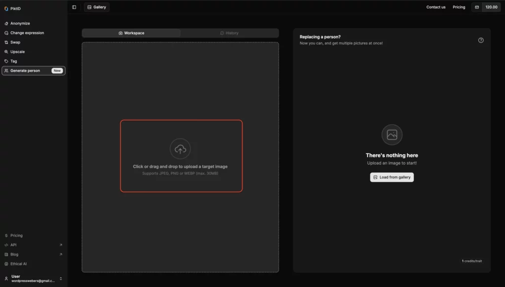 Hochladen eines Bildes mit der Funktion „Person generieren“ von PiktID