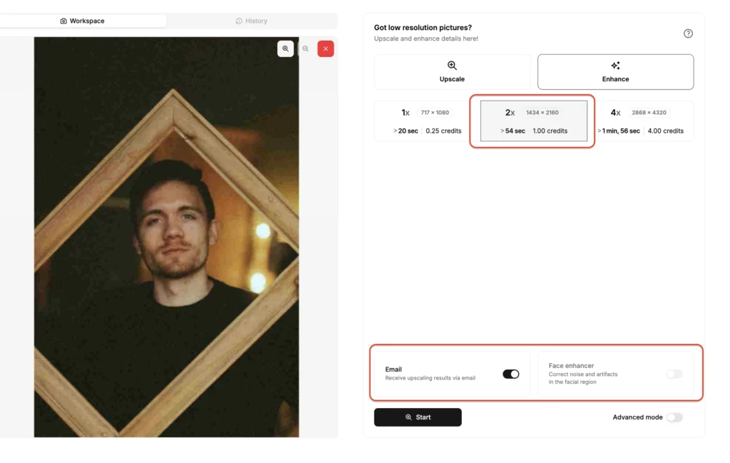 télécharger une image d'un homme avec un cadre en bois sur SuperID et choisir les paramètres pour améliorer, 2x et envoyer l'image améliorée par e-mail