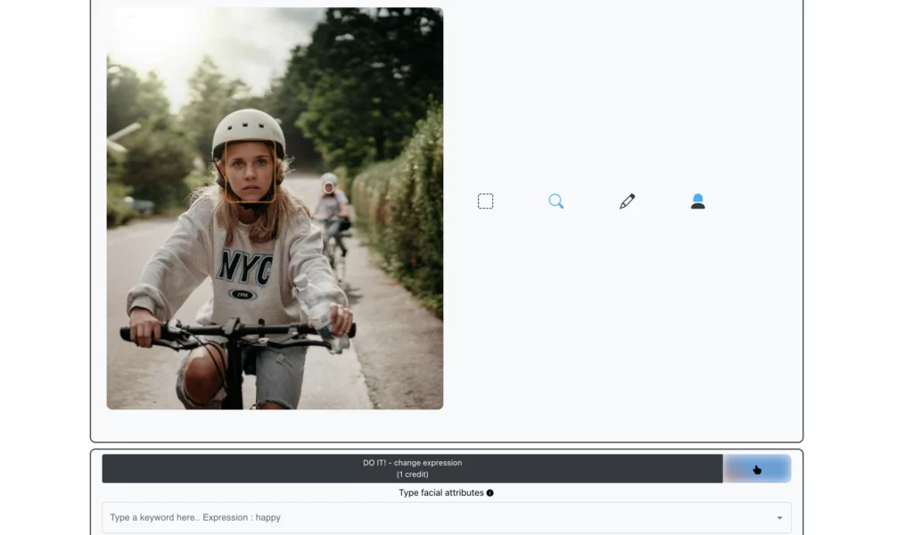 Hochladen eines Bildes eines jungen Mädchens, das Fahrrad fährt, auf einem perfekten Lächelnfilter namens EraseID, um Ausdrücke in glücklich zu ändern