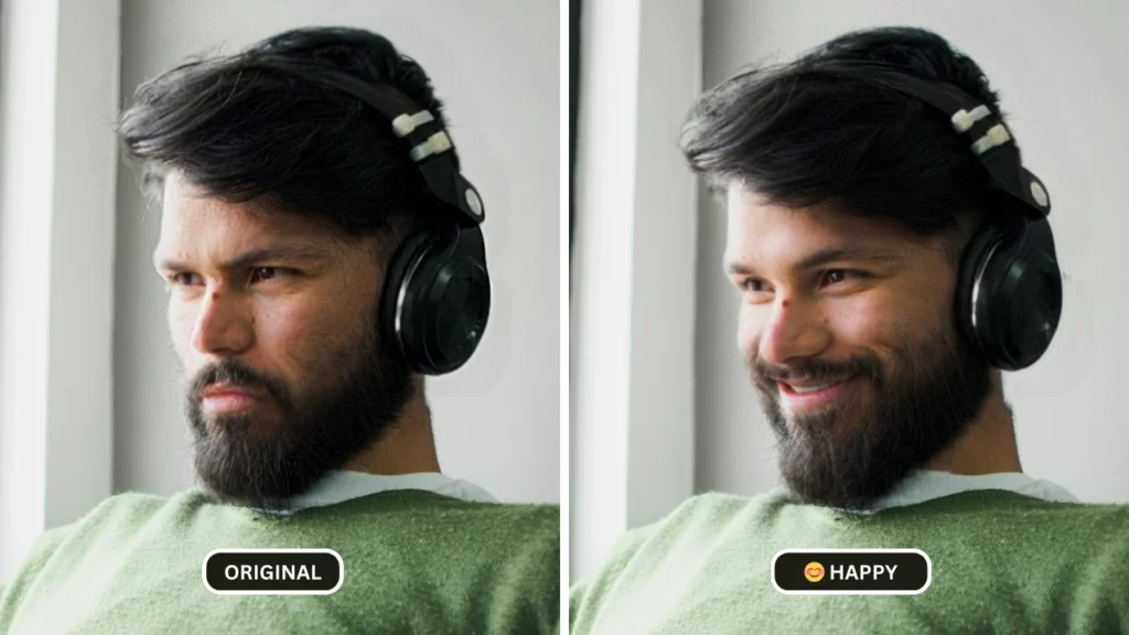 Comparación de un hombre con auriculares y un suéter verde. La imagen de la izquierda, etiquetada como "ORIGINAL", muestra una expresión neutra, mientras que la imagen de la derecha, etiquetada como "EXPRESIÓN: FELIZ", lo muestra sonriendo, creada con un generador de sonrisas de IA.