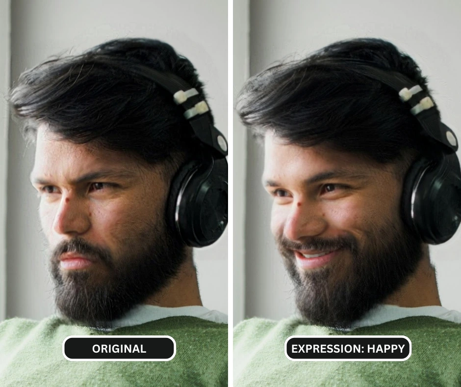 Imágenes comparativas de un joven barbudo con suéter verde y auriculares negros sonriendo después de usar un generador de sonrisas faciales con inteligencia artificial llamado EraseID