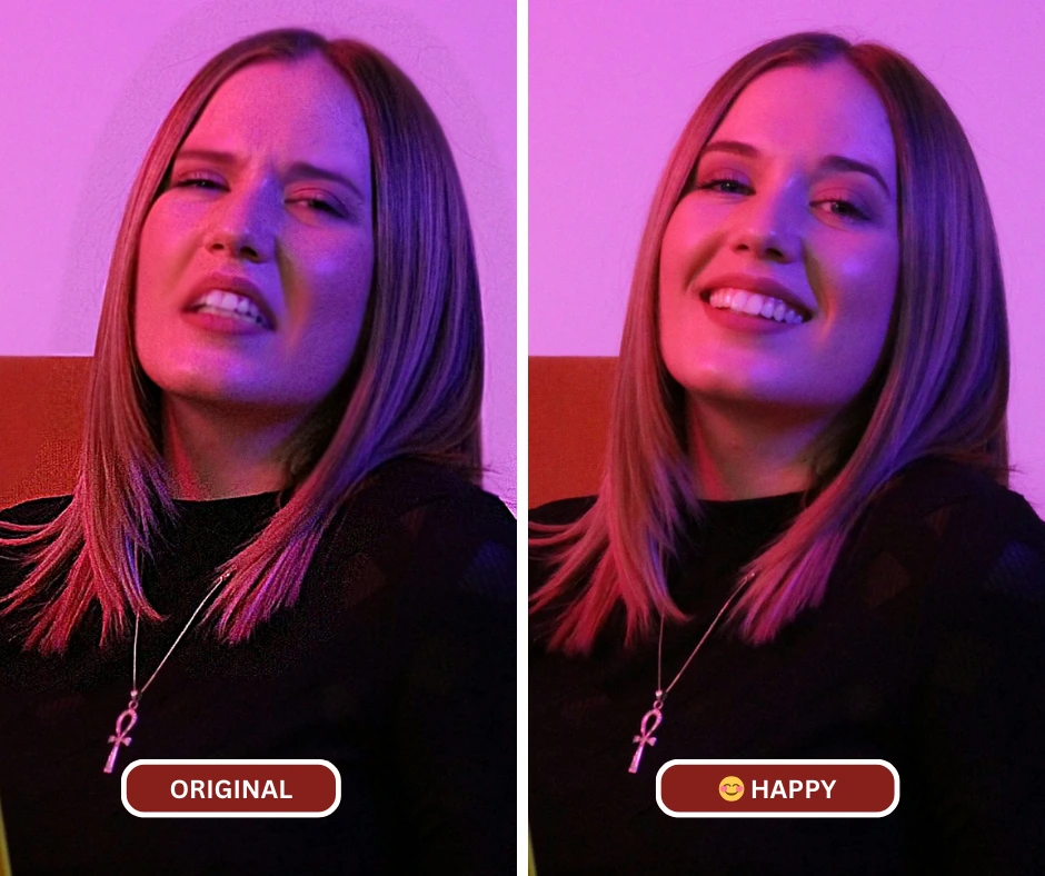 Dos imágenes de una joven rubia con luces de neón cambiaron su expresión de "triste" o "disgustada" a "feliz" después de usar EraseID.