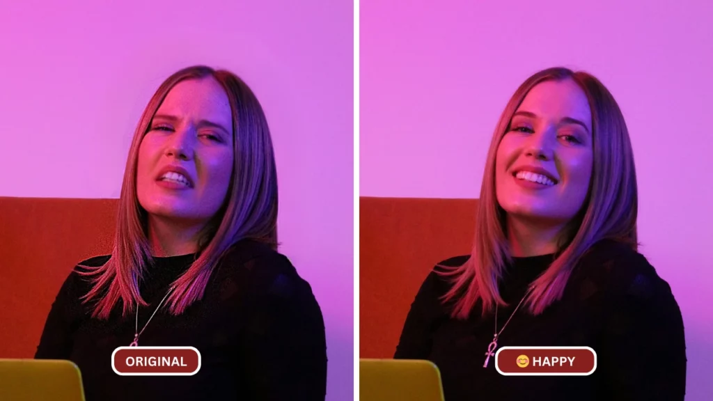 Dos primeros planos de una mujer con cabello largo y un collar sobre un fondo rosa y morado. La imagen de la izquierda, etiquetada como "ORIGINAL", muestra una expresión neutra, mientras que la imagen de la derecha, etiquetada como "EXPRESIÓN: FELIZ", la muestra sonriendo.