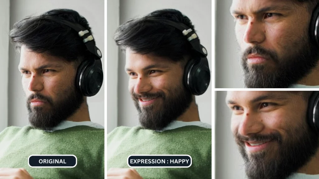 Cuatro imágenes de un hombre con barba, auriculares y un suéter verde. Las imágenes de cuerpo entero y primer plano de la izquierda, etiquetadas como "ORIGINAL", muestran una expresión neutra. Las imágenes de cuerpo entero y primer plano de la derecha, etiquetadas como "EXPRESIÓN: FELIZ", lo muestran sonriendo, generadas por un generador de sonrisas faciales con IA.