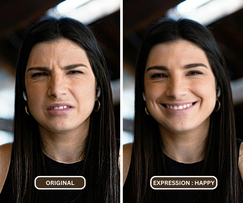 Dos primeros planos de una mujer con cabello largo y liso y aretes de aro sobre un fondo desenfocado. La imagen de la izquierda, etiquetada como "ORIGINAL", muestra una expresión neutra, mientras que la imagen de la derecha, etiquetada como "EXPRESIÓN: FELIZ", la muestra sonriendo, realzada con EraseID.