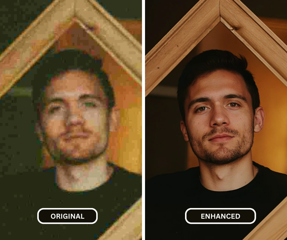 image améliorée d'un homme portant un t-shirt noir et tenant un cadre en bois