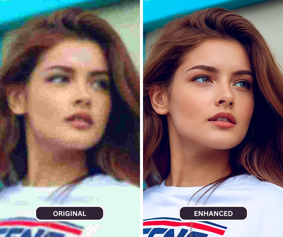 en utilisant un upscaler de visage IA nommé superid sur une image en gros plan d'une jeune fille aux cheveux roux et à la chemise blanche