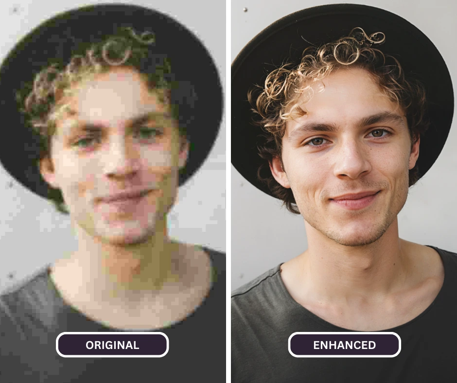 comparaison d'une image en gros plan d'un homme avec un chapeau et des cheveux bouclés améliorée à l'aide de superid