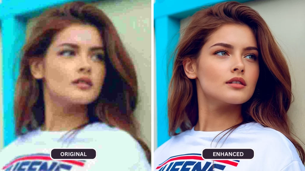ai face upscaler utilisé sur une image d'une photographie floue d'une jeune femme aux cheveux roux et t-shirt blanc