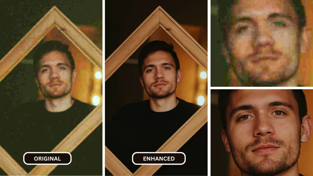 Image de comparaison d'une photo améliorée d'un jeune homme tenant un cadre en bois et également d'une image en gros plan d'un visage en cours d'amélioration