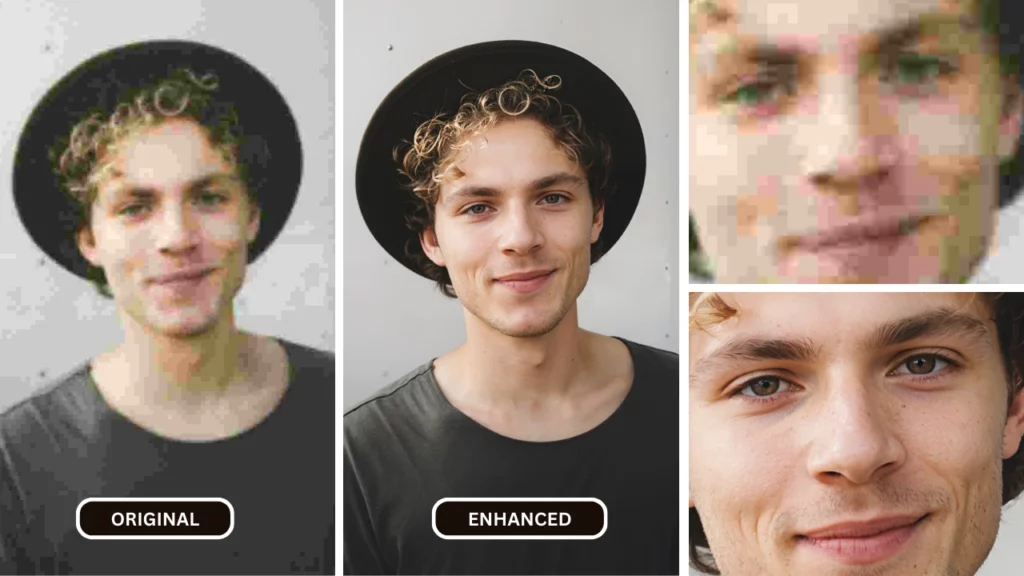 image de paysage comparant des photos d'une image floue avec une image améliorée d'un jeune garçon aux cheveux blonds et bouclés portant un chapeau