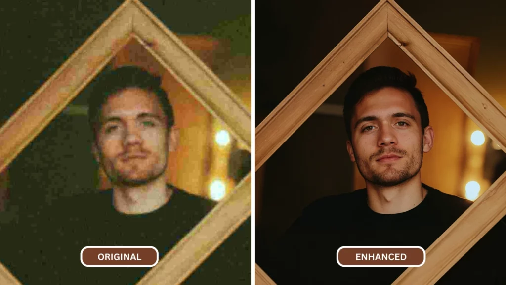 restaurer l'image d'un homme tenant un cadre en bois portant un t-shirt noir