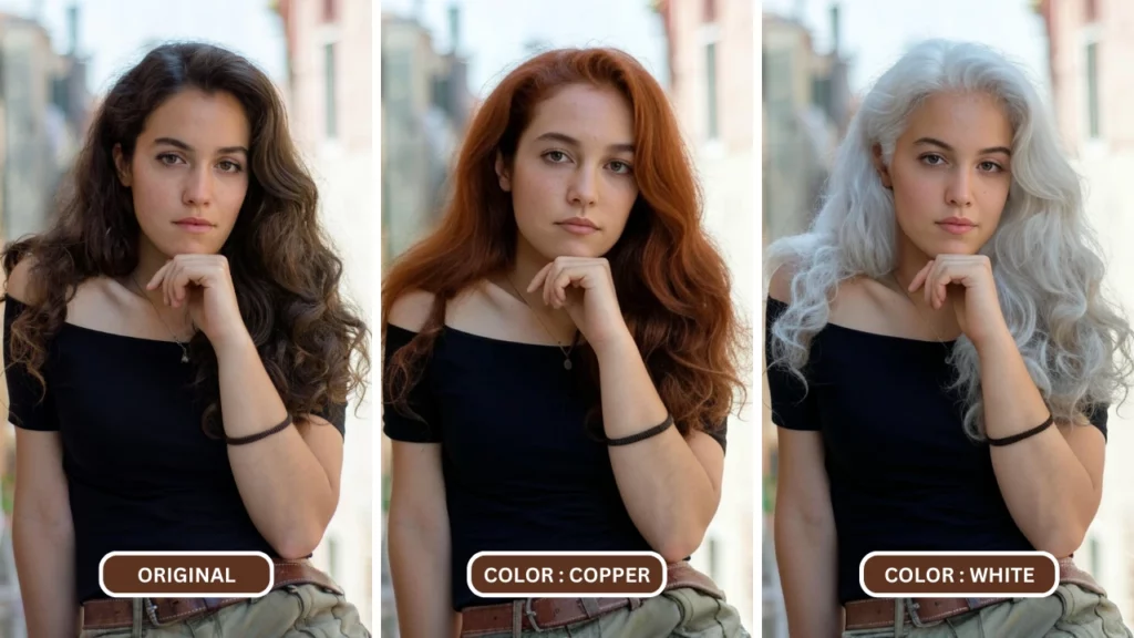 Verwenden Sie den AI-Haarfarbenwechsler auf einem Bild einer jungen Frau in schwarzem Oberteil und grüner Hose