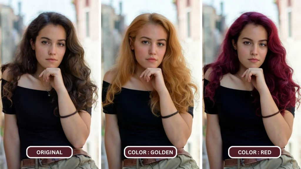 Ändern der Frisur einer Frau im schwarzen Oberteil mit dem KI-Haarfarbenwechsler EraseID