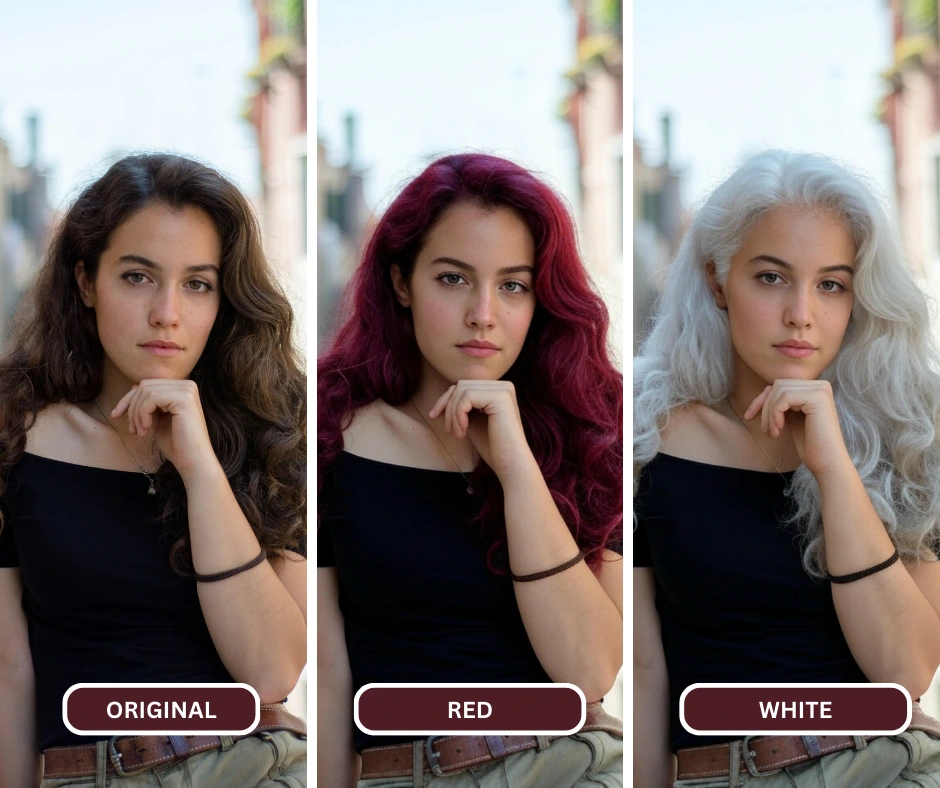 Junge Frau in Schwarz posiert für ein Bild, Vergleich nebeneinander