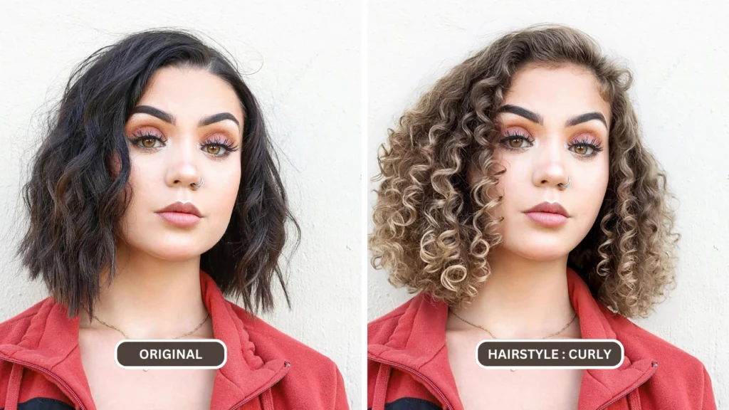 Cambiador de peinado con IA EraseID de cabello corto negro a cabello rubio corto y rizado