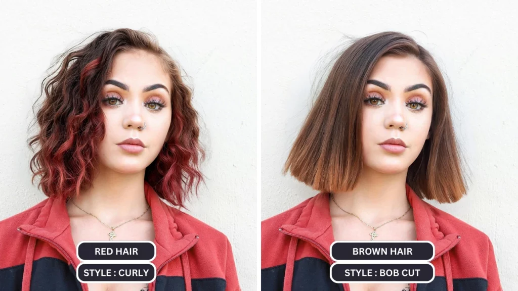 Cabello rojo con peinado rizado cambiado a cabello castaño y corte bob después de usar una IA por EraseID