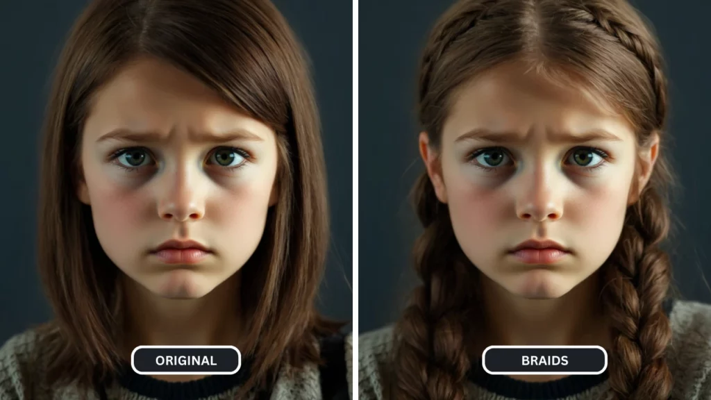 Niña pequeña con cabello largo y liso original transformado en trenzas usando IA