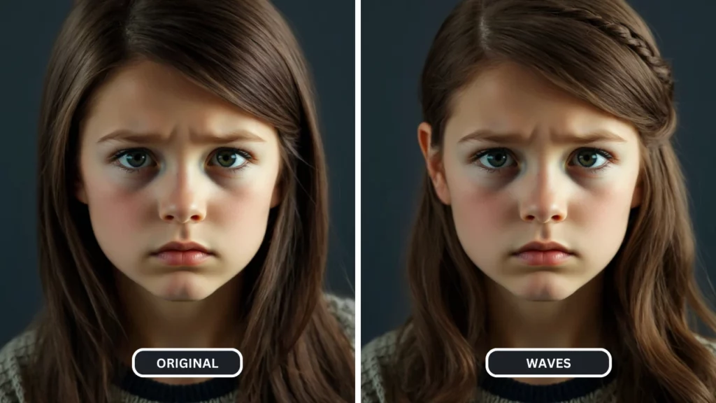 El cabello largo y corto de una niña se transformó en un peinado largo y ondulado usando EraseID