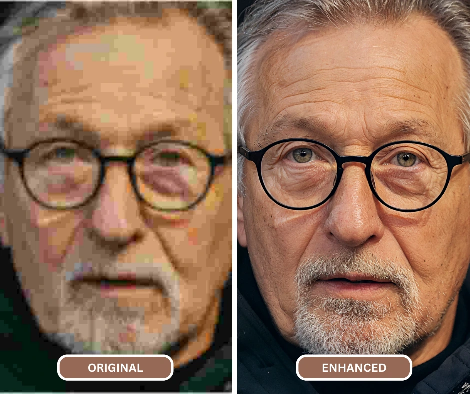 comparaison d'un visage flou amélioré à l'aide de SuperID d'une image d'un vieil homme portant des lunettes et des yeux marrons