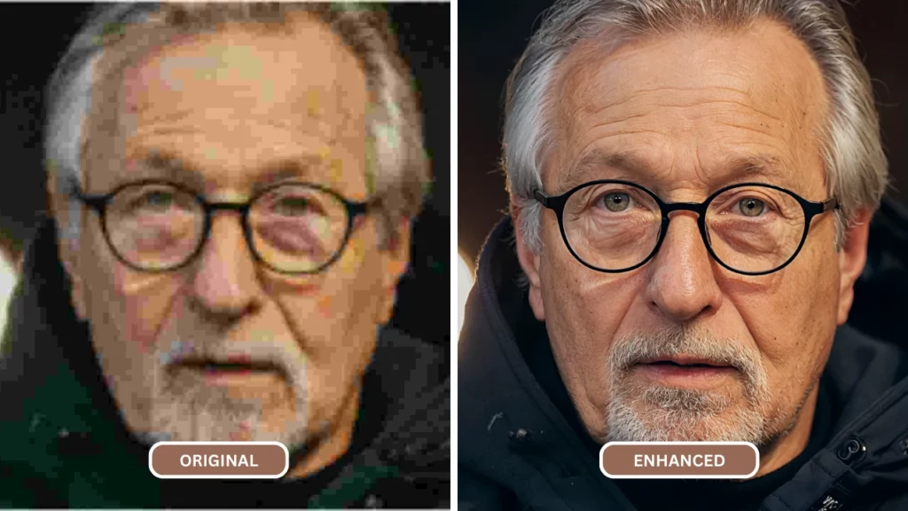 image floue du visage d'un vieil homme portant des lunettes et des cheveux gris avec une moustache améliorée à l'aide de SuperID