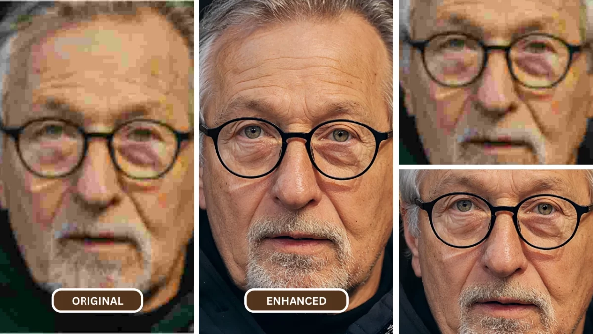 image floue du visage d'un très vieil homme avec une barbe française blanche et des cheveux gris restaurée à l'aide de SuperID