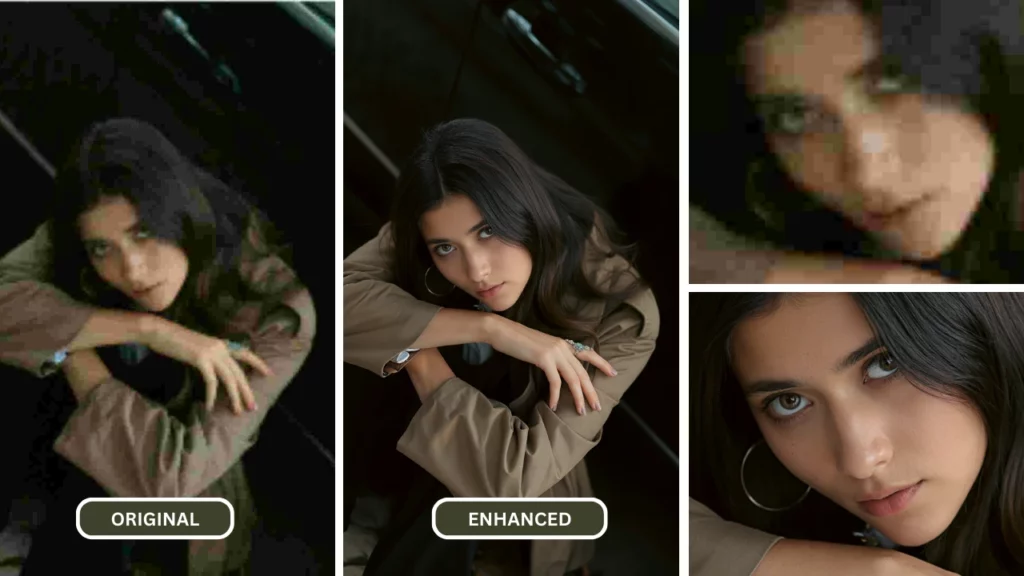 comparaison d'images d'une femme aux cheveux noirs et portant une chemise kaki