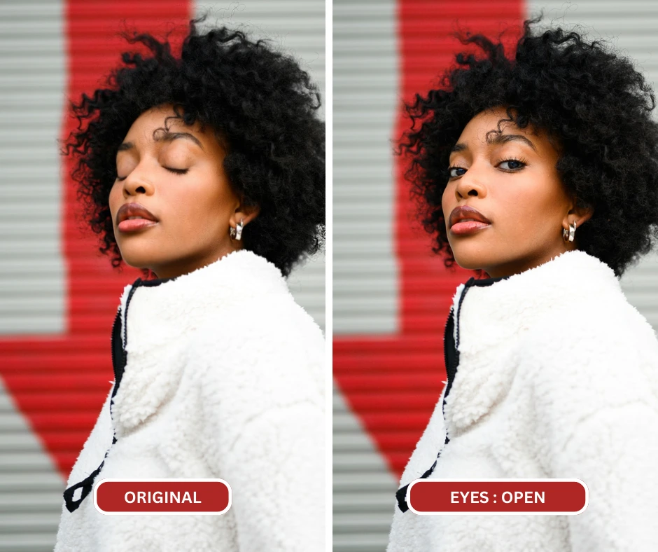 Signora nera con capelli ricci e cappotto bianco con occhi corretti dopo aver utilizzato la funzione di modifica delle espressioni di EraseID