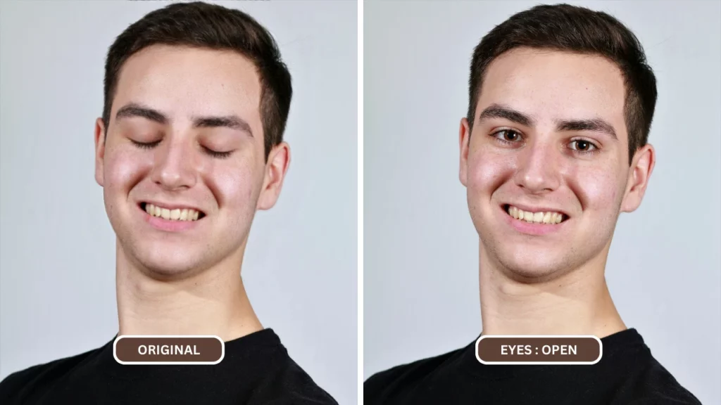 Occhi aperti di un uomo in nero sorridente in un servizio fotografico