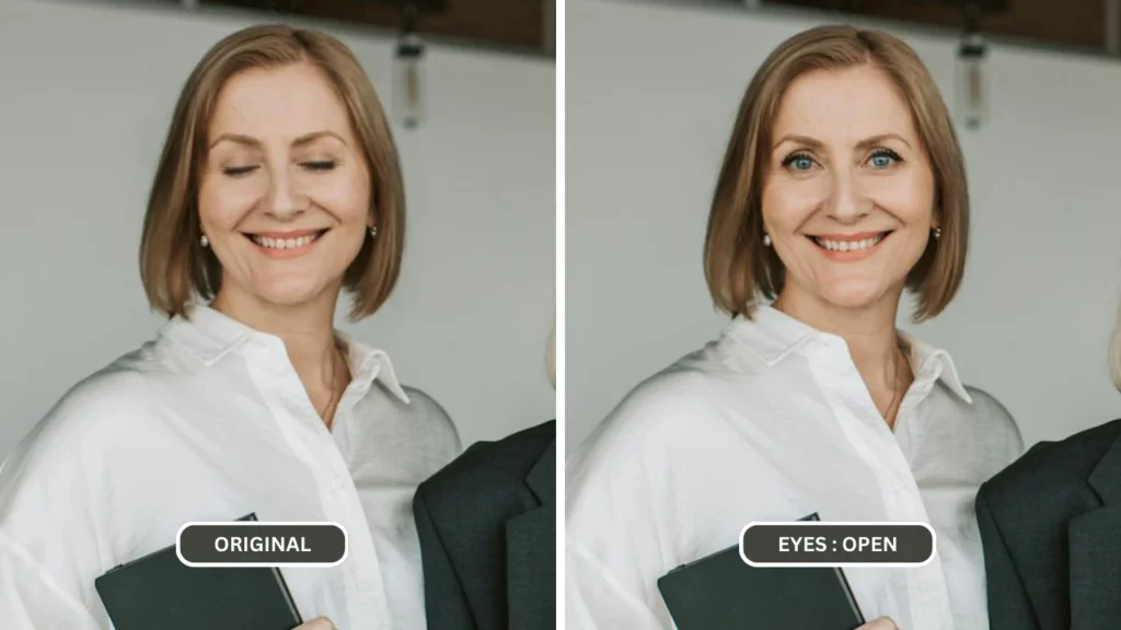 Occhi di donna in camicia bianca da ufficio riparati tramite intelligenza artificiale da EraseID