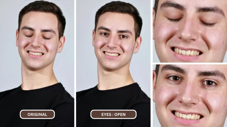 Korrigieren Sie geschlossene Augen auf einem iPhone-Foto mit EraseID auf einem Bild eines jungen Mannes im schwarzen Hemd, Nahaufnahme, Rastervergleich