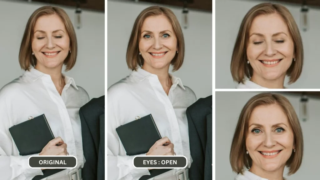 Donna con indosso una camicia bianca e capelli biondi corti che tiene in mano un diario, occhi aperti usando EraseID