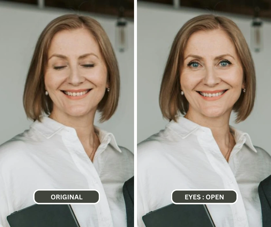 Signora con occhi azzurri e camicia bianca, gli occhi sono fissi e aperti dopo aver usato l'intelligenza artificiale di EraseID