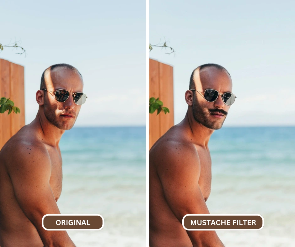 mustache filter being applied on a bald man sitting on a beach using EraseID