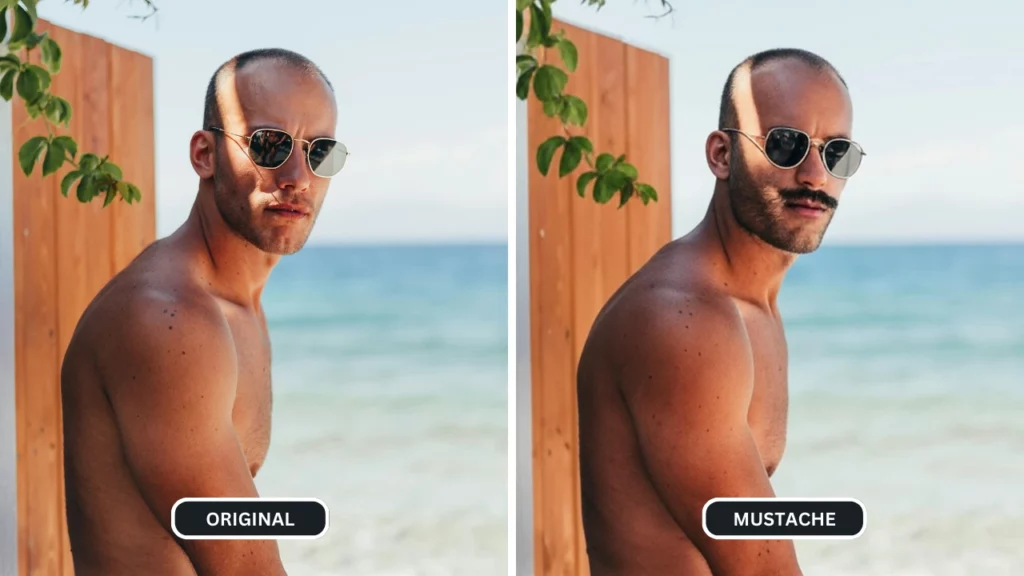 mustache filter applied on an image of a bald man with sunglasses sitting on a sunny day at a beach