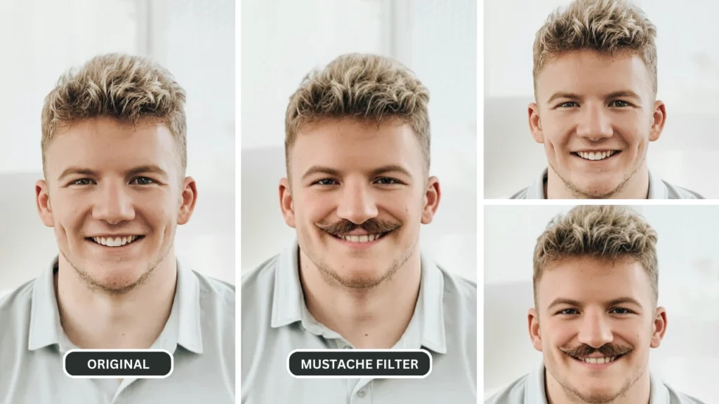 Blonde guy wearing a collar t-shirt smiling at the camera while an image comparison