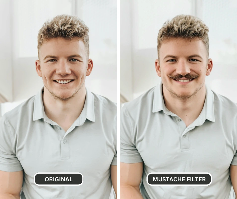 image comparison of a blonde white guy with and without a mustache filter achieved by using EraseID platform