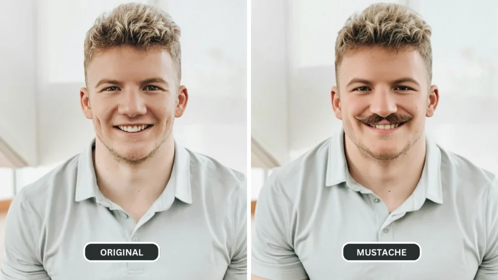 side by side comparison image of a white guy with mustache being applied on his face using AI by eraseID