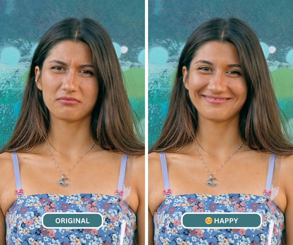 Nahaufnahme-Vergleichsbild eines Mädchens im geblümten Kleid, glücklich nach der Verwendung von EraseID