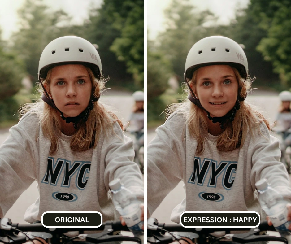 Nahaufnahmevergleich eines Mädchens mit Helm und grauem NYC-Sweatshirt mit dem Perfect-Smile-Filter mit EraseID