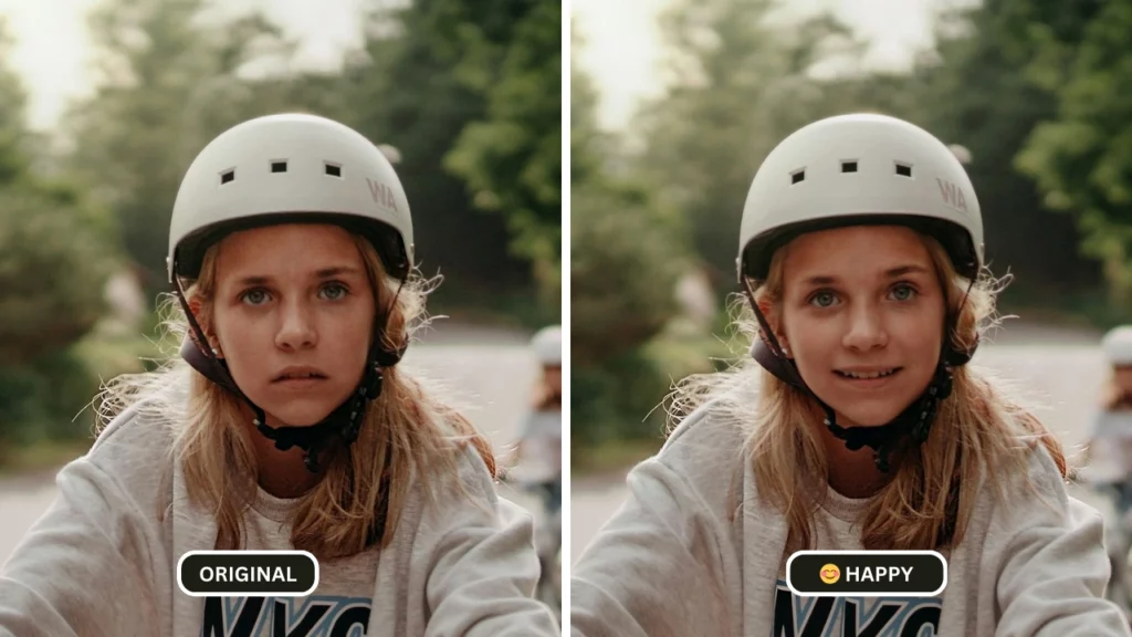 Der Filter „Perfektes Lächeln“ wird auf einem Bild eines jungen Mädchens in Grau mit Helm verwendet