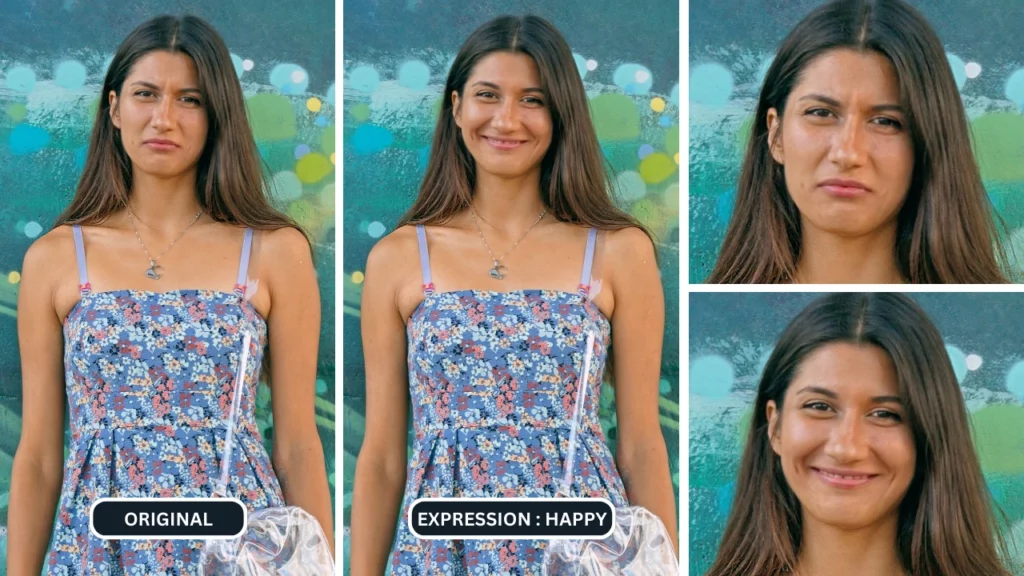 Vergleichsbild einer jungen Frau im geblümten Kleid und Tasche lächelnd