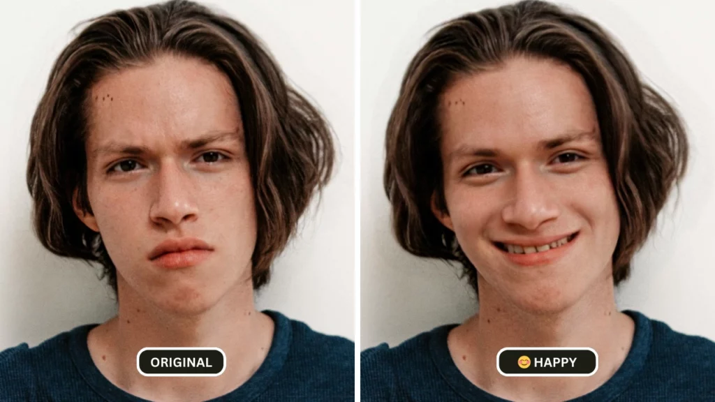junger Teenager mit langen Haaren lächelt, nachdem er mithilfe von KI seinen Gesichtsausdruck geändert hat